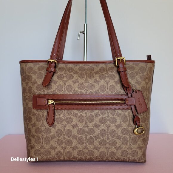 COACH Taylor Signature Logo Canvas Tote with C Dangle Charm-Tan Rust color ⭐ - Picture 5 of 16